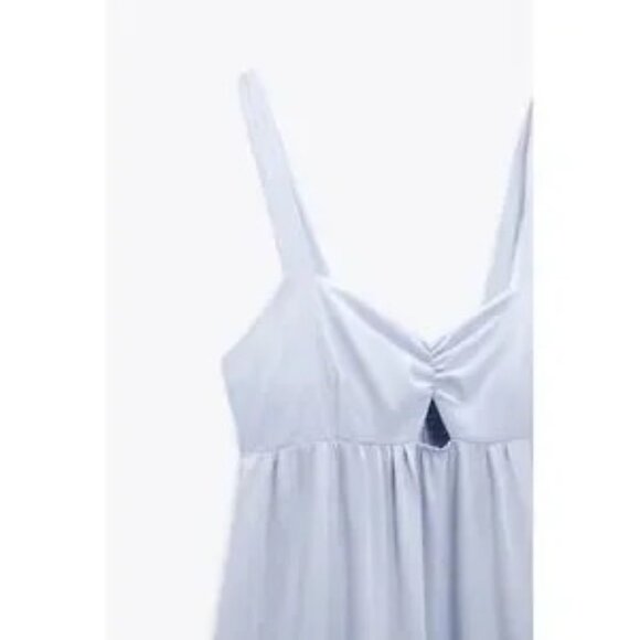 Zara Women's Strappy 100% Cotton Maxi Dress Gathered Front Light Blue Size S - Picture 9 of 16